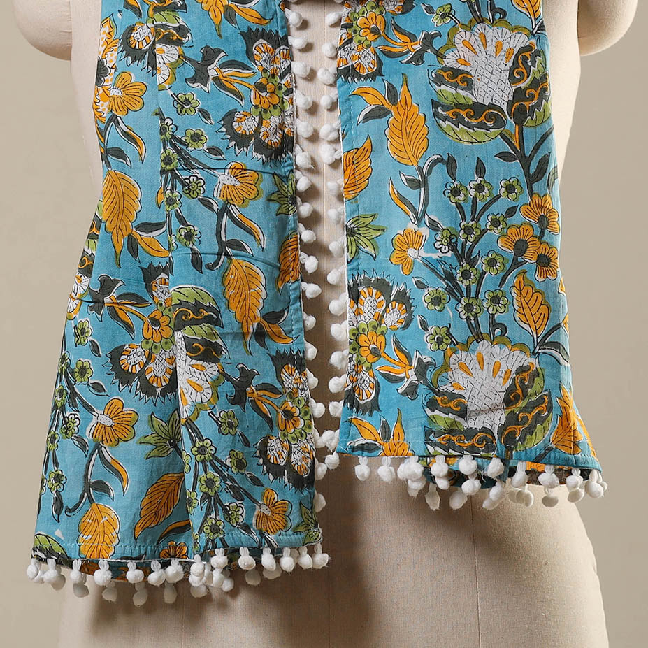 Block Print Cotton Sanganeri Stole with Pom Pom