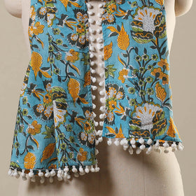 Block Print Cotton Sanganeri Stole with Pom Pom