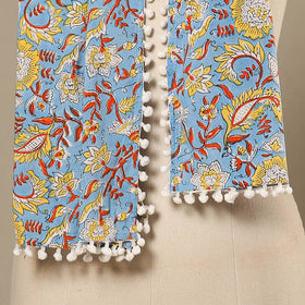 Blue Block Print Cotton Sanganeri Stole with Pom Pom