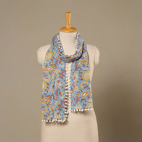 Blue Block Print Cotton Sanganeri Stole with Pom Pom