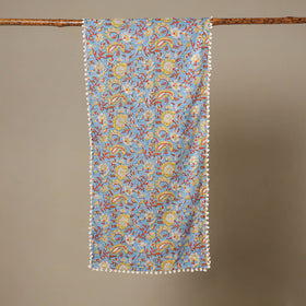 Blue Block Print Cotton Sanganeri Stole with Pom Pom
