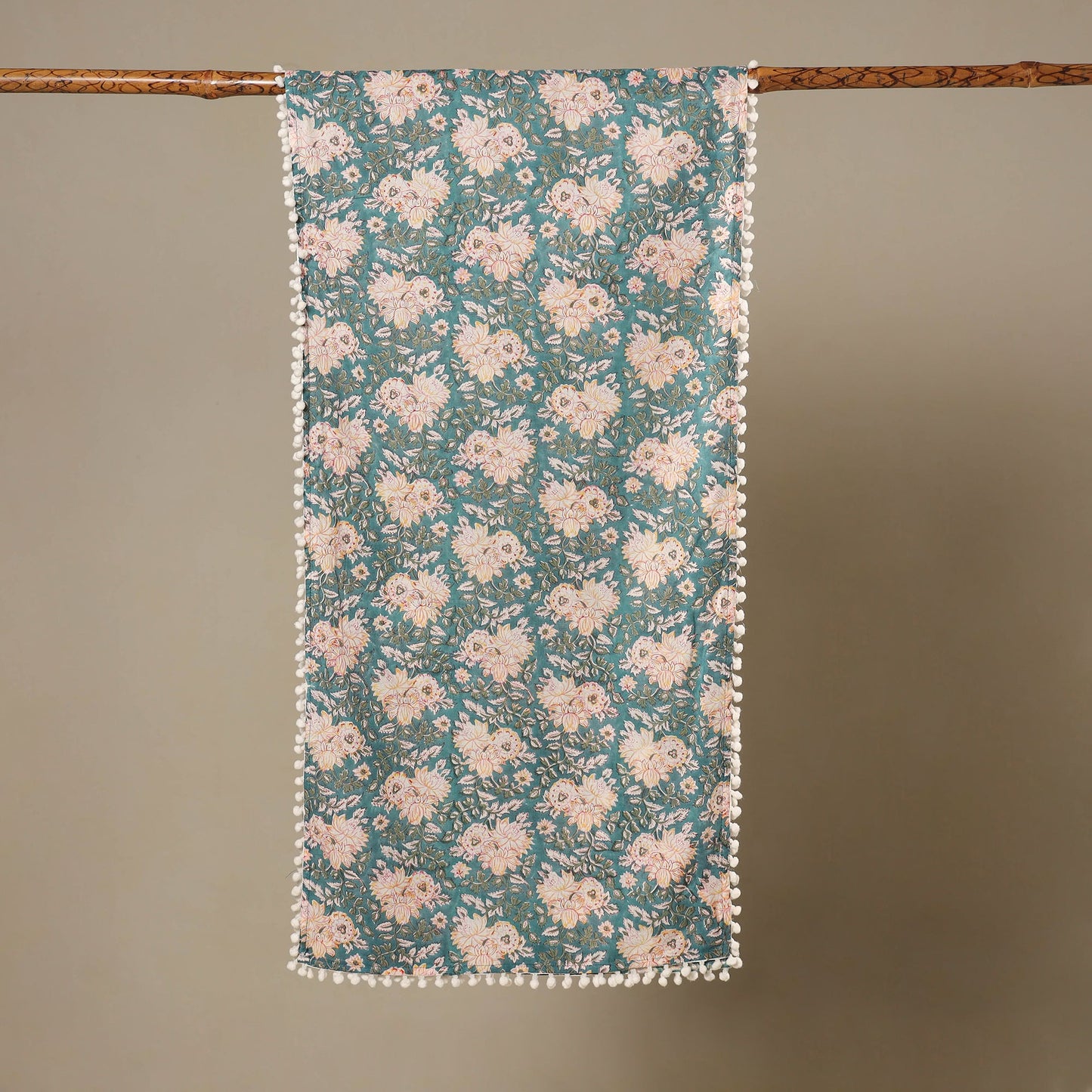 Blue - cotton sanganeri stole with pom 13 - handcrafted