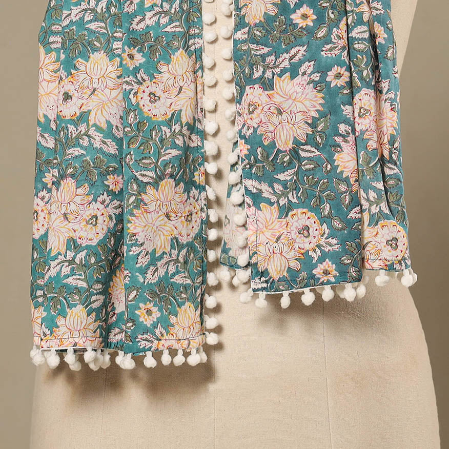 Blue - cotton sanganeri stole with pom 13 - handcrafted