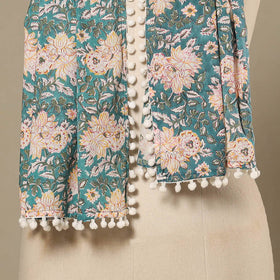 Blue - cotton sanganeri stole with pom 13 - handcrafted