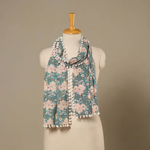 Blue - cotton sanganeri stole with pom 13 - handcrafted