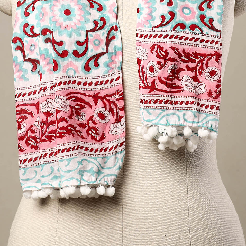 Blue - cotton sanganeri stole with pom 14 - handcrafted