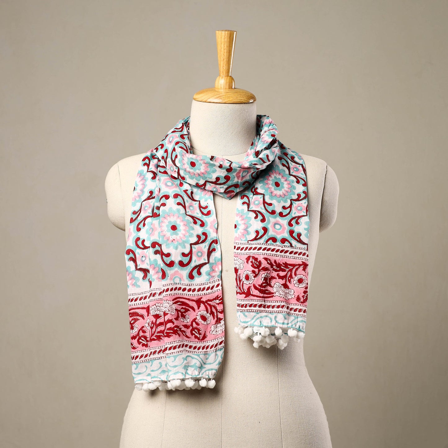 Blue - cotton sanganeri stole with pom 14 - handcrafted