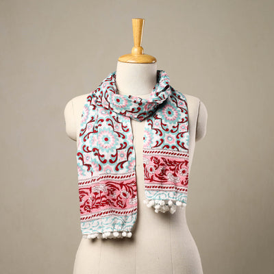 Blue - cotton sanganeri stole with pom 14 - handcrafted