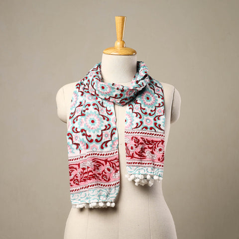 Blue - cotton sanganeri stole with pom 14 - handcrafted