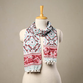 Blue - cotton sanganeri stole with pom 14 - handcrafted