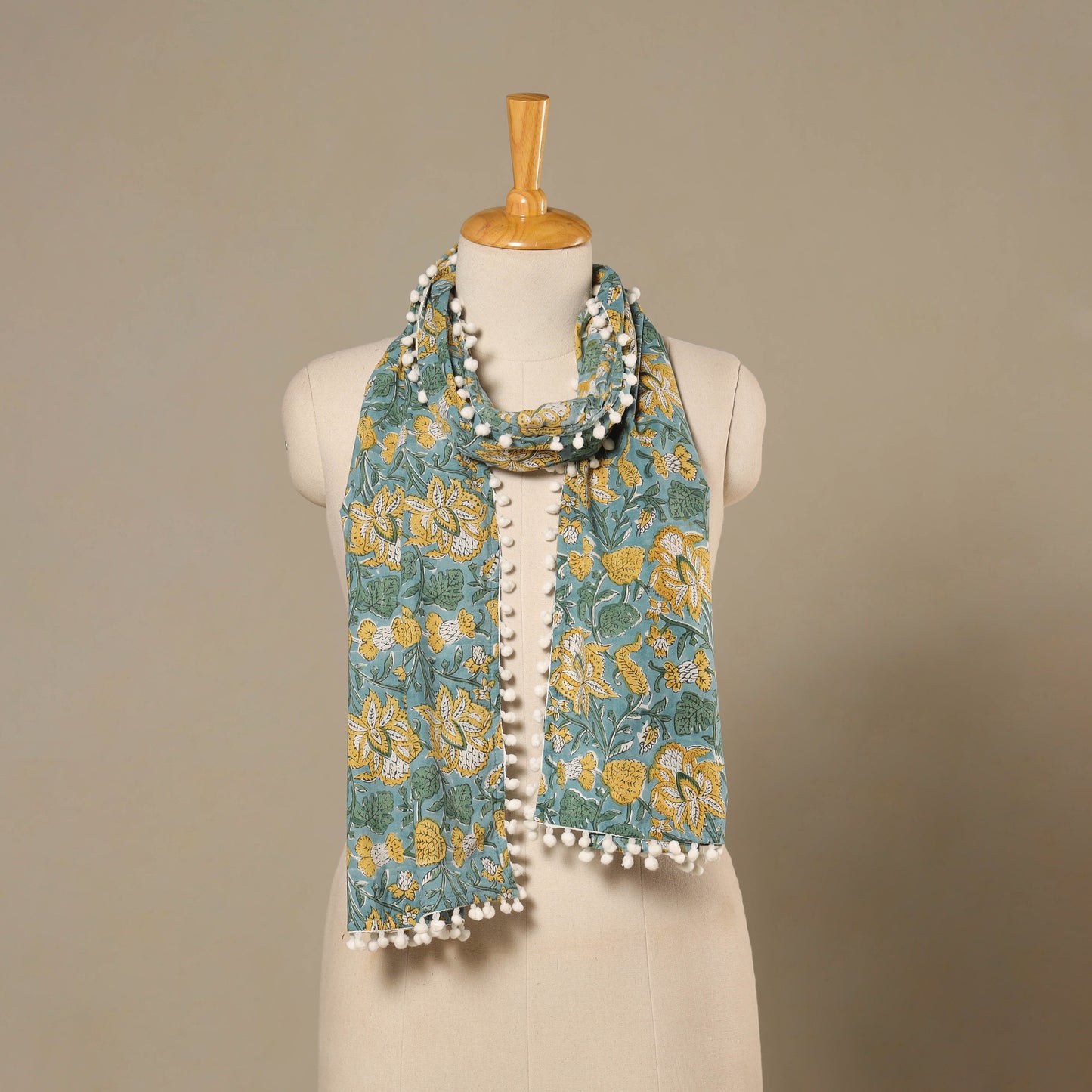 Blue Block Print Cotton Sanganeri Stole with Pom Pom