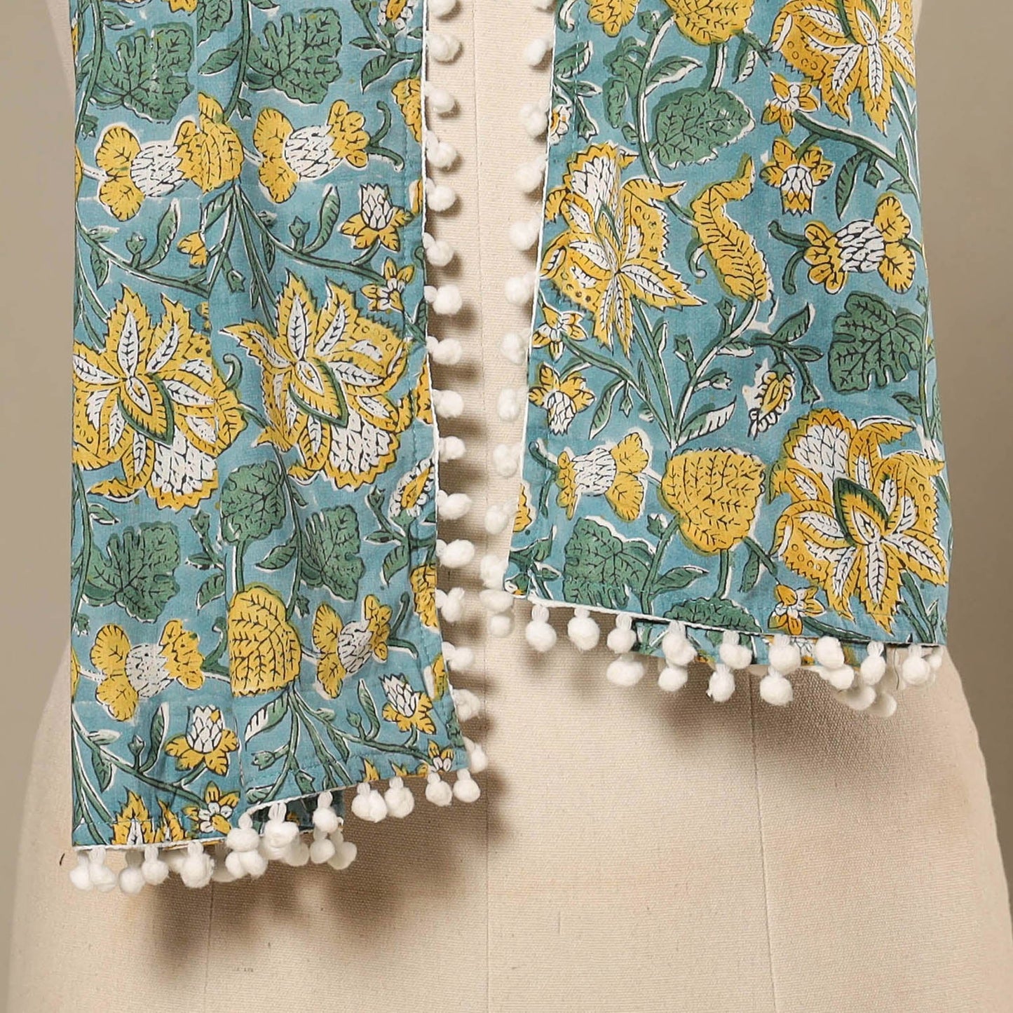 Blue Block Print Cotton Sanganeri Stole with Pom Pom
