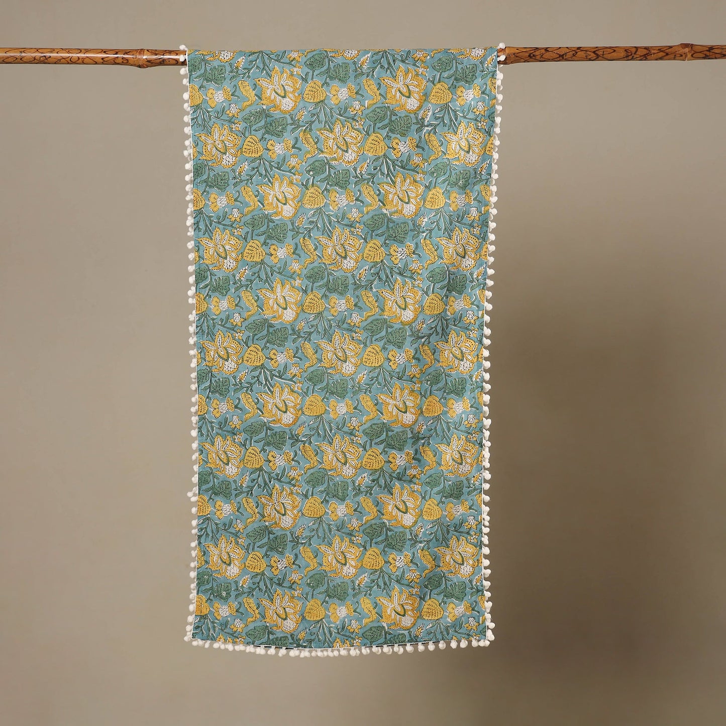 Blue Block Print Cotton Sanganeri Stole with Pom Pom