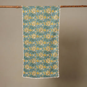 Blue Block Print Cotton Sanganeri Stole with Pom Pom