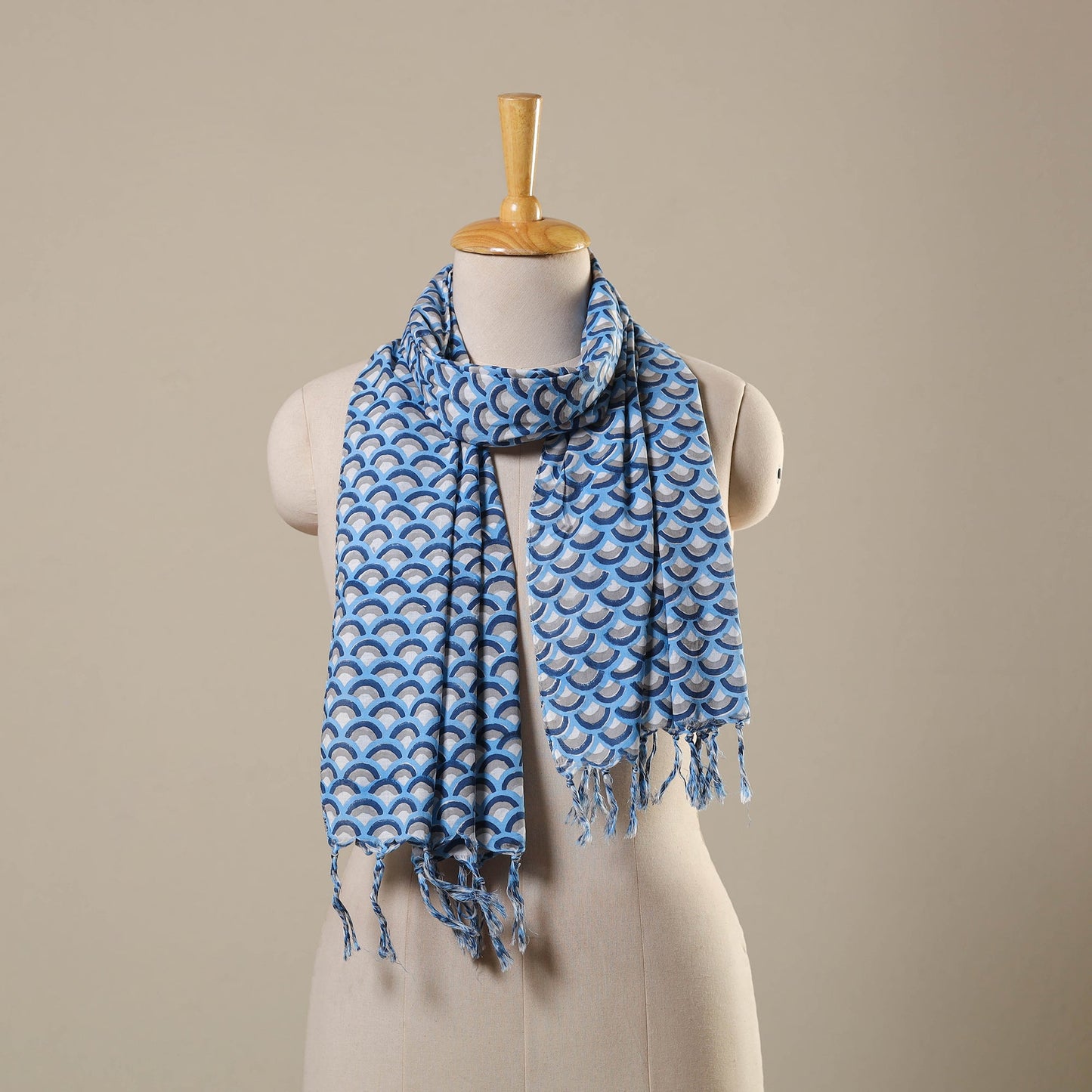 Block Print Cotton Sanganeri Stole with Tassels