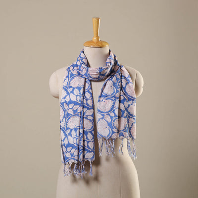 Block Print Cotton Sanganeri Stole with Tassels