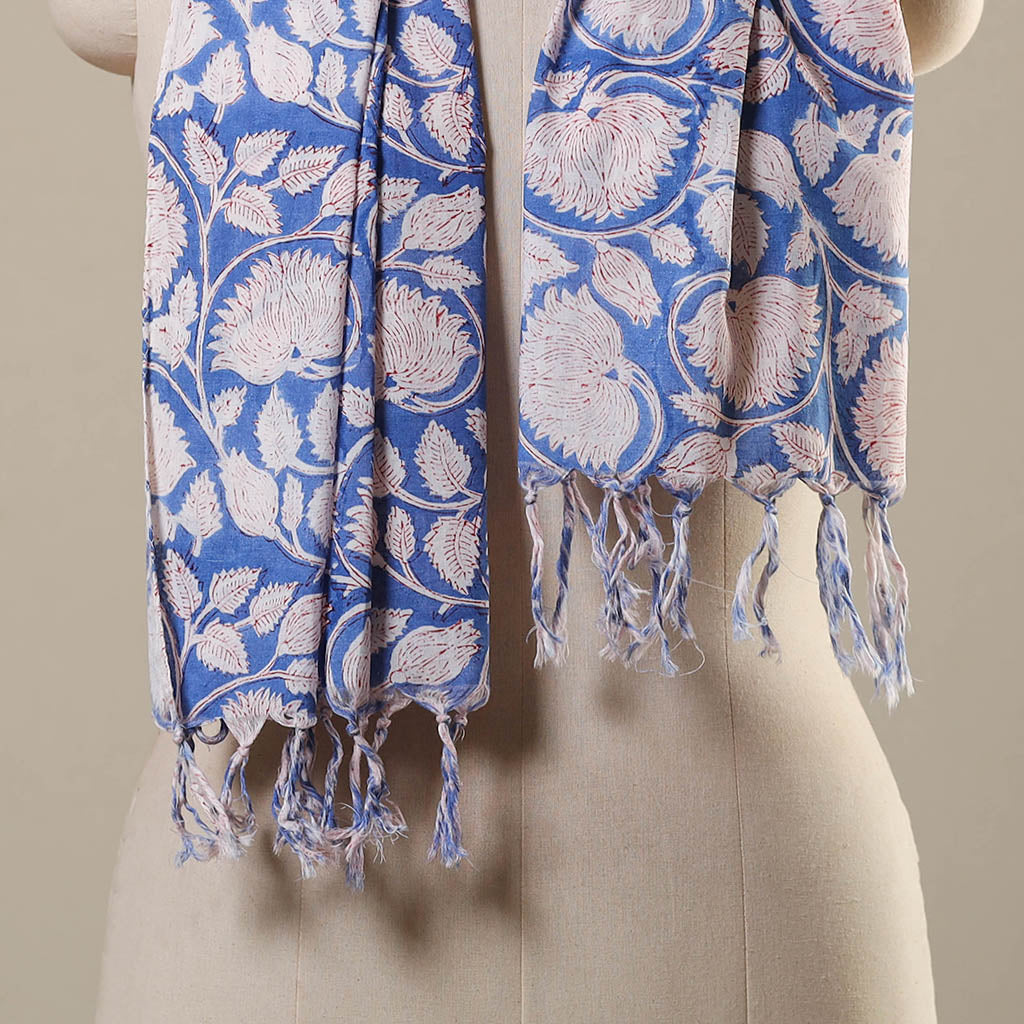 Block Print Cotton Sanganeri Stole with Tassels