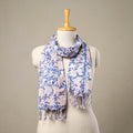 Block Print Cotton Blue Sanganeri Stole with Tassels