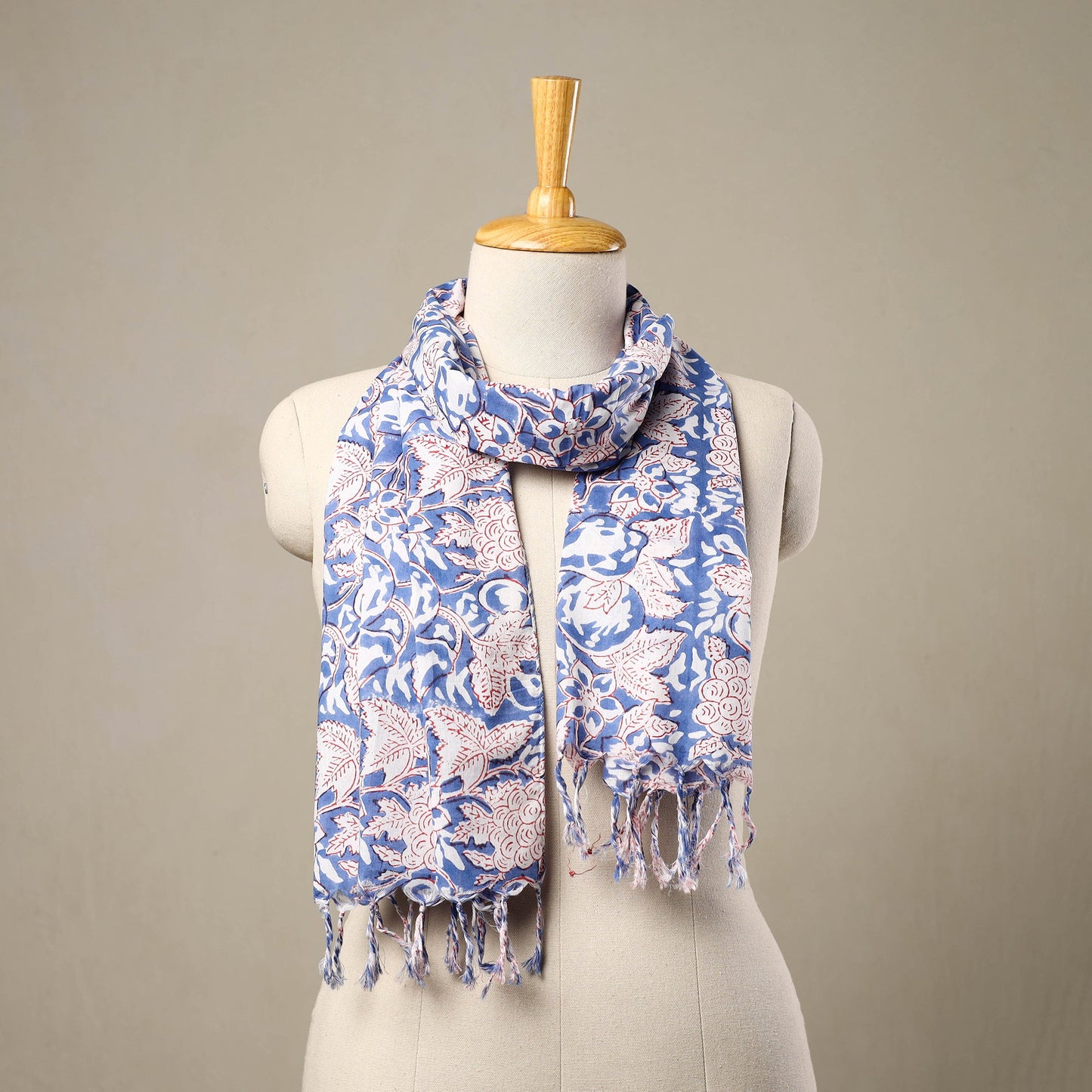  Block Print Cotton Blue Sanganeri Stole with Tassels