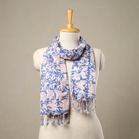  Block Print Cotton Blue Sanganeri Stole with Tassels