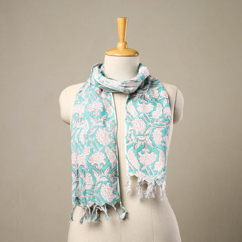 Blue - cotton sanganeri stole with tassels 124 - handcrafted