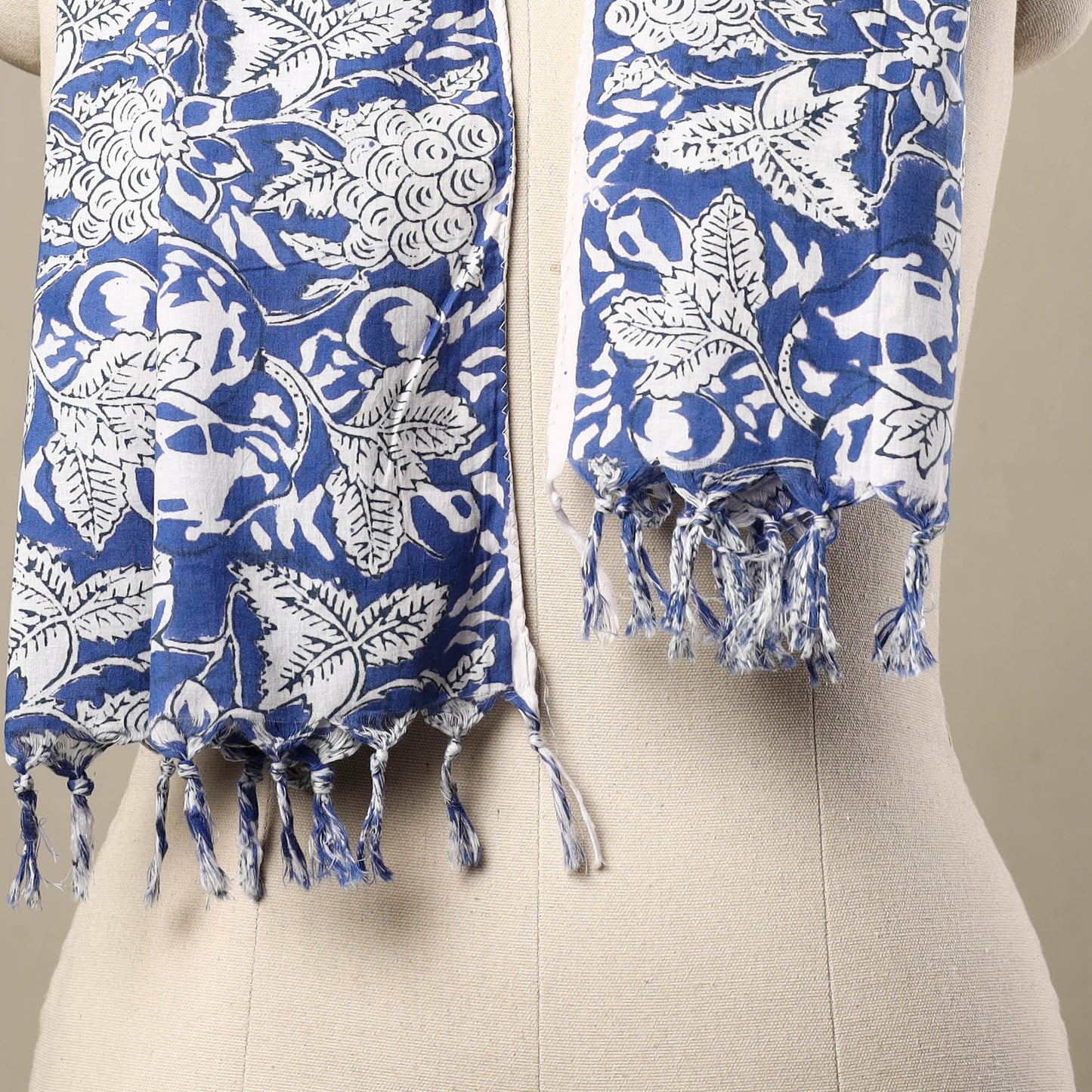 Block Print Cotton Blue Sanganeri Stole with Tassels