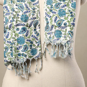 Blue - cotton sanganeri stole with tassels 139 - handcrafted