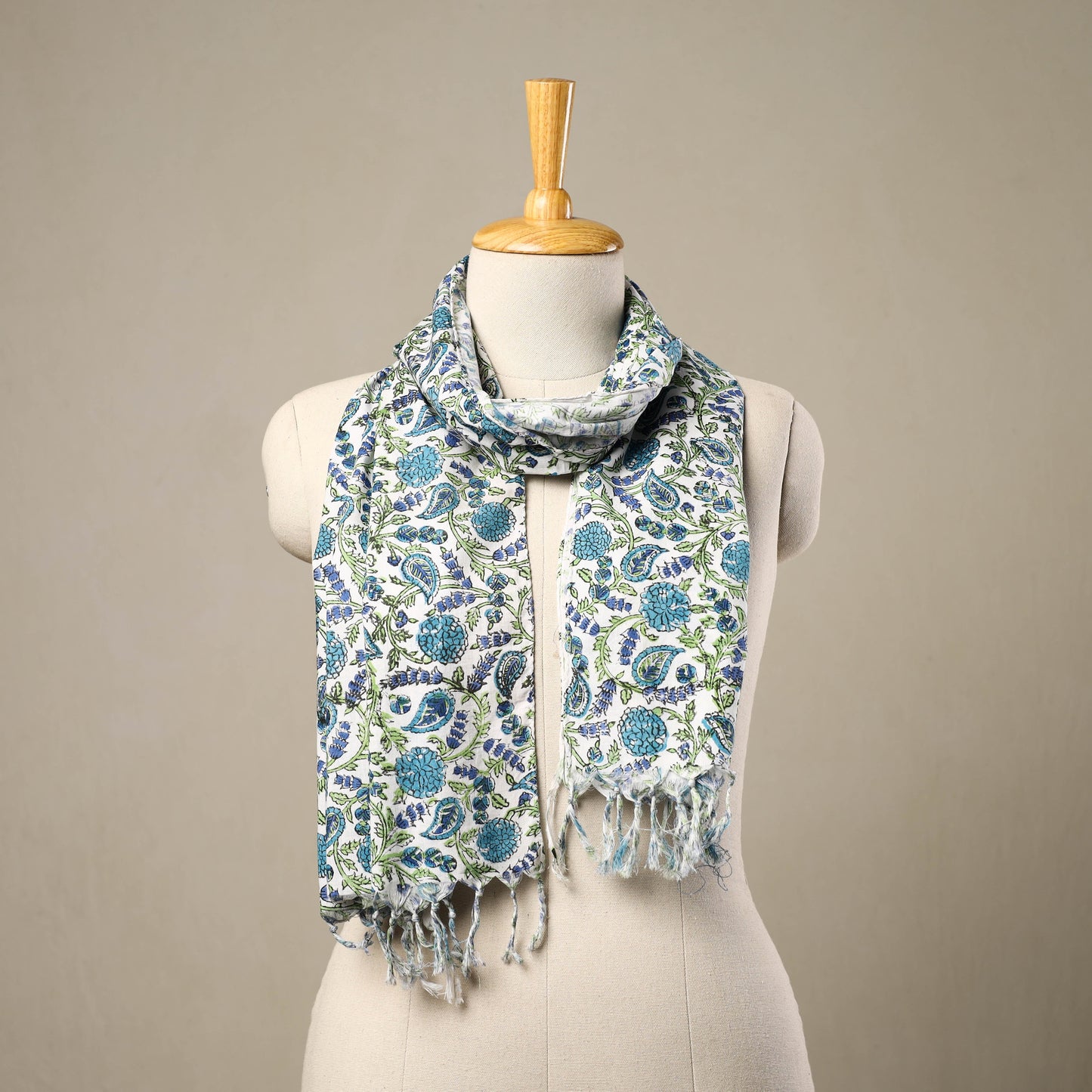 Blue - cotton sanganeri stole with tassels 139 - handcrafted