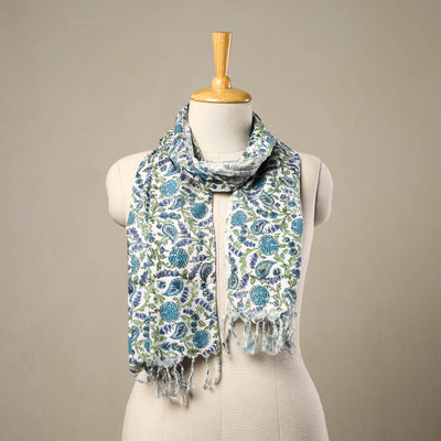 Blue - cotton sanganeri stole with tassels 139 - handcrafted