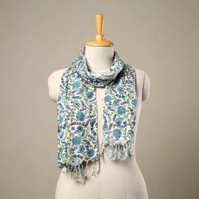 Blue - cotton sanganeri stole with tassels 139 - handcrafted