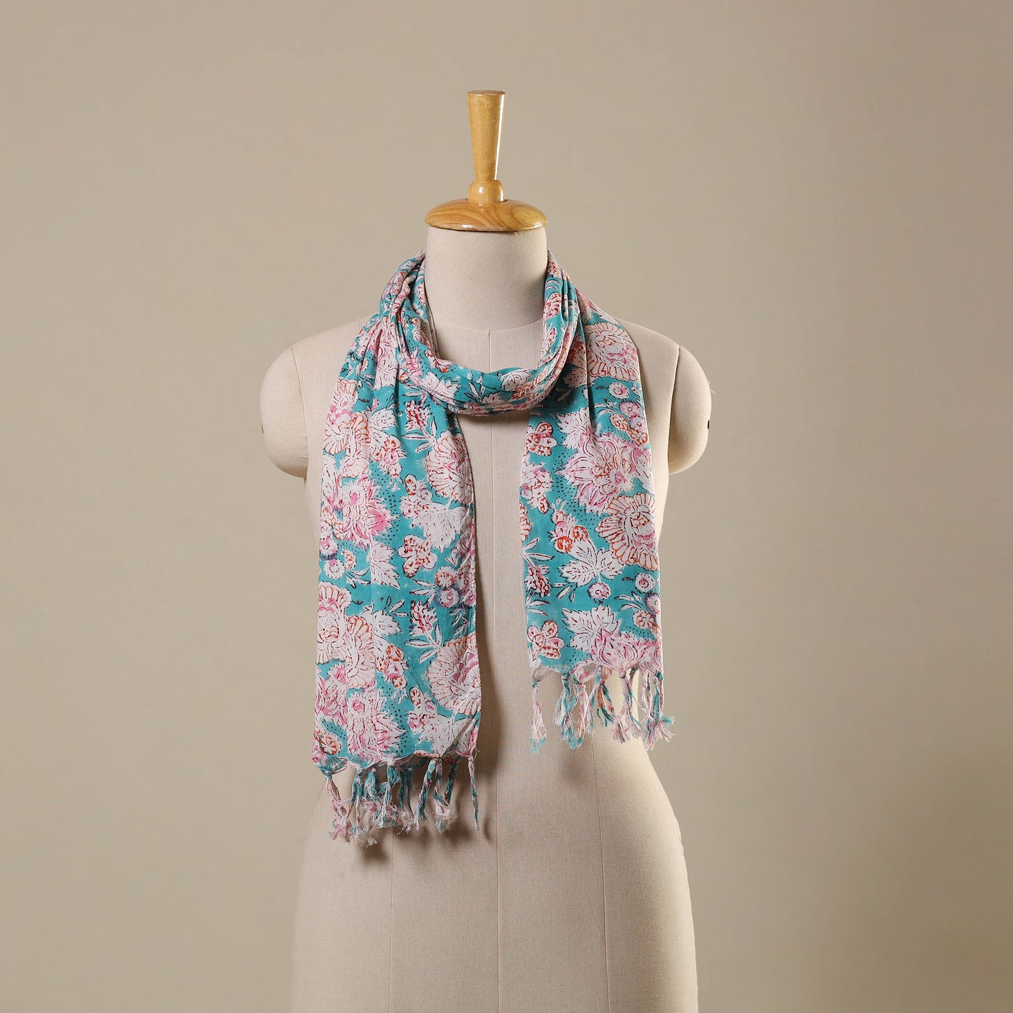 Block Print Cotton Sanganeri Stole with Tassels