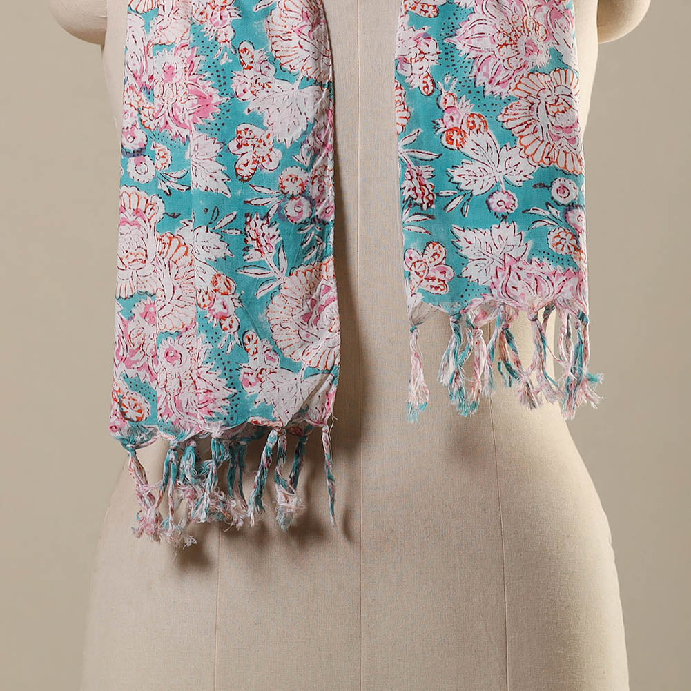 Block Print Cotton Sanganeri Stole with Tassels