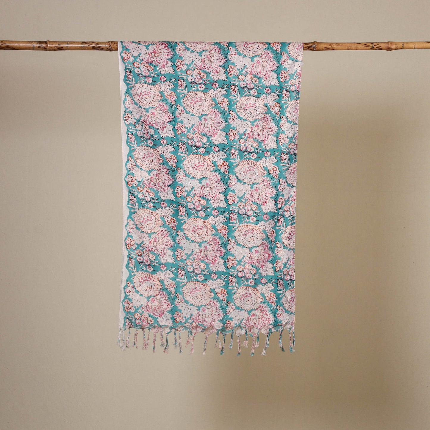Block Print Cotton Sanganeri Stole with Tassels