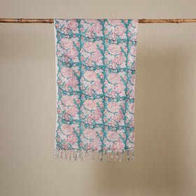 Block Print Cotton Sanganeri Stole with Tassels