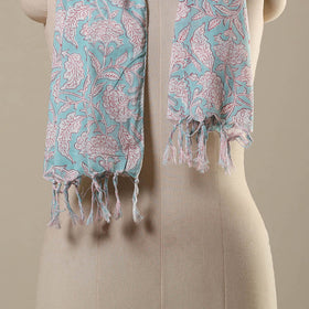 Blue Block Print Cotton Sanganeri Stole with Tassels
