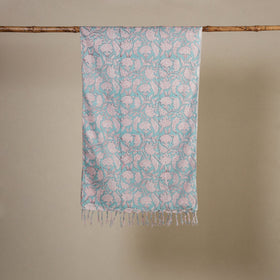 Blue Block Print Cotton Sanganeri Stole with Tassels