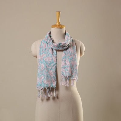 Blue Block Print Cotton Sanganeri Stole with Tassels