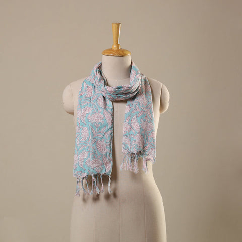 Blue Block Print Cotton Sanganeri Stole with Tassels