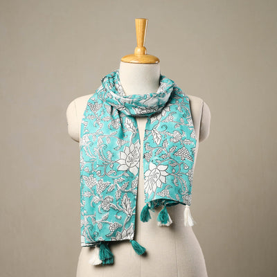 Buy Blue Block Print Cotton Sanganeri Stole with Tassels