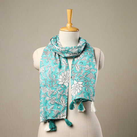 Buy Blue Block Print Cotton Sanganeri Stole with Tassels