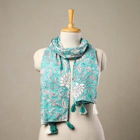 Buy Blue Block Print Cotton Sanganeri Stole with Tassels