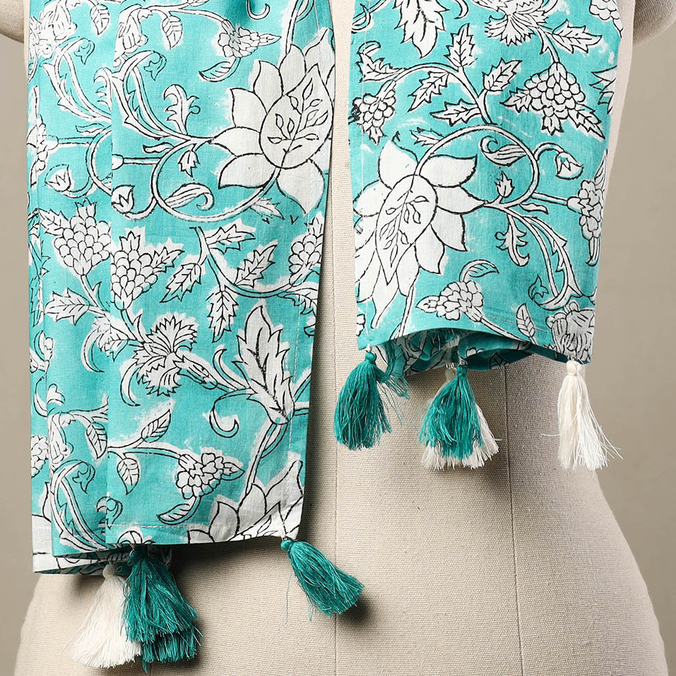 Buy Blue Block Print Cotton Sanganeri Stole with Tassels