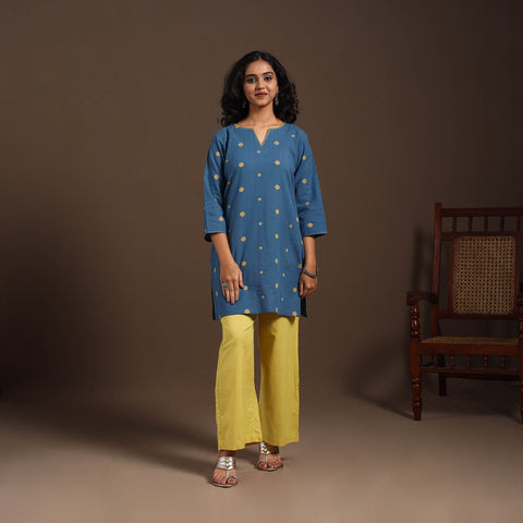 Blue - cotton short jacquard kurta with hand embroidery 01