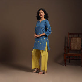 Blue - cotton short jacquard kurta with hand embroidery 01