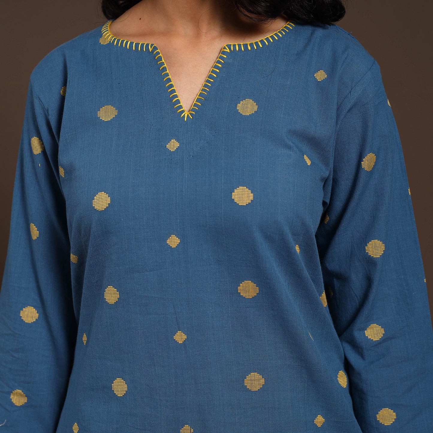 Blue - cotton short jacquard kurta with hand embroidery 01
