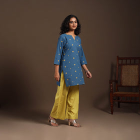 Blue - cotton short jacquard kurta with hand embroidery 01