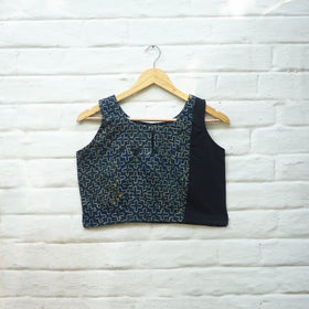 Blue Block Print Cotton Stitched Ajrakh Blouse Online