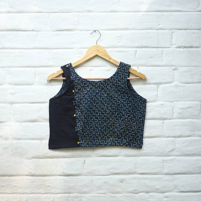 Blue Block Print Cotton Stitched Ajrakh Blouse Online