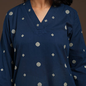 Blue - cotton straight jacquard kurta 12 - handcrafted