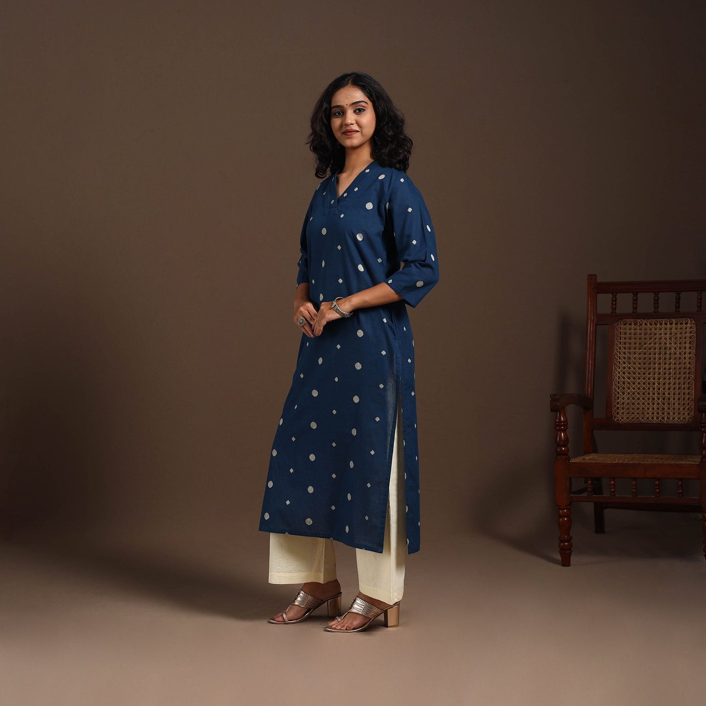 Blue - cotton straight jacquard kurta 12 - handcrafted